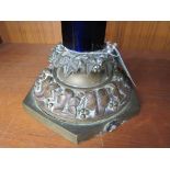 A RARE BRISTOL BLUE GLASS OCTAGONAL PILLAR LAMP STAND WITH CAST BRONZED BASE WITH IVY DECORATION (