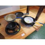 THREE LE CREUSET PANS, ONE OTHER PAN AND IRON STAND