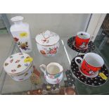 TWO CAT COFFEE CUPS AND SAUCERS, A ROYAL CROWN DERBY 'DERBY POESIES' PRESERVE JAR, AND THREE OTHER