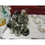 PEWTER TANKARDS, TROPHY STANDS WITH PLATED PLAQUES, METAL MUGS