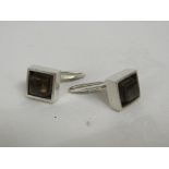 PAIR OF HANS HANSEN DANISH MID-TWENTIETH CENTURY MODERNIST SMOKY QUARTZ SILVER CUFFLINKS, STAMPED