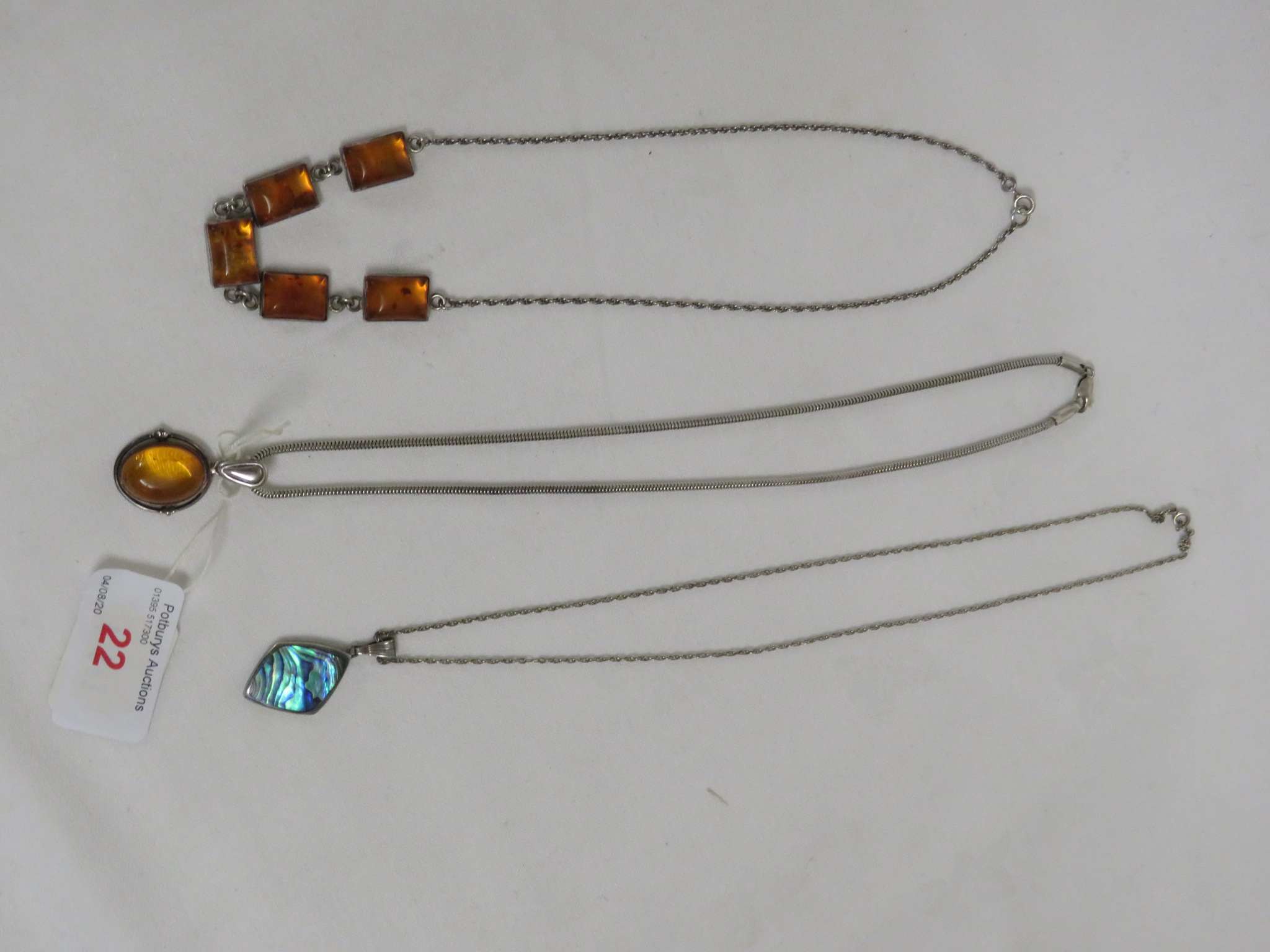 925 ROPE NECKLACE WITH AMBER TYPE PENDANT; 925 NECLACE WITH FIVE RECTANGULAR AMBER TYPE BEADS; AND