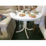 CIRCULAR COMPOSITE KITCHEN TABLE TOGETHER WITH FOUR CREAM UPHOLSTERED CHAIRS