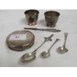 SILVER LID, TWO SILVER-PLATED BEAKERS LABELLED BEAULIEU, TWO SILVER CONDIMENT SPOONS, SILVER TOURIST