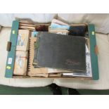 BOX OF ASSORTED BLACK AND WHITE PHOTOGRAPHS, POSTCARDS, AUTOGRAPH ALBUM WITH ENTRIES