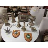 TWO CAST BRASS SAILOR DOORSTOPS, PAIR OF TABLE LAMPS, TWO COATS OF ARMS, CLOCK AND METAL WARE