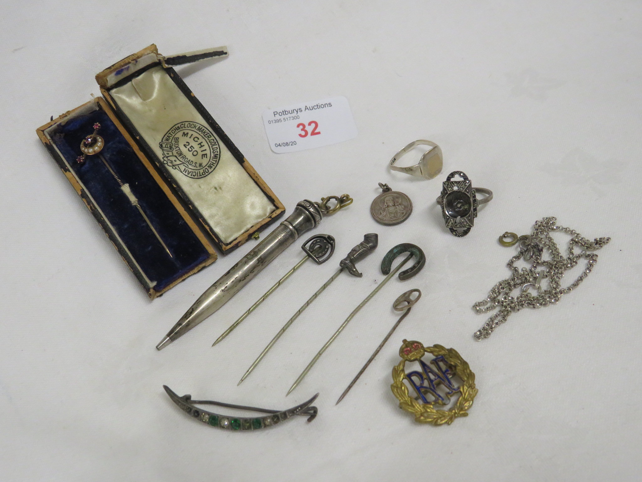 STICK PINS, WHAL EVERSHARP STERLING PROPELLING PENCIL, BADGES AND PENDANT