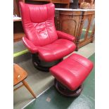 EKORNES STRESSLESS SWIVEL RECLINING ARMCHAIR WITH MATCHING FOOT STOOL IN RED LEATHER