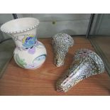 HONITON POTTERY FLORAL VASE, AND A PAIR OF TUSCAN DECORO POTTERY WALL POCKETS