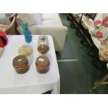 FIVE ITEMS OF POTTERY INCLUDING FOOT WARMER AND CAT FIGURINE