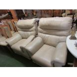 PAIR OF G-PLAN BEIGE LEATHER EFFECT MANUALLY RECLINING ARMCHAIRS