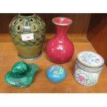 TWO POTTERY VASES, MALACHITE ORNAMENTS, AND TWO ENAMEL WARE TRINKET JARS