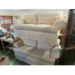 PAIR OF MULTI YORK TWO-SEATER SOFAS IN BEIGE PATTERNED UPHOLSTERY
