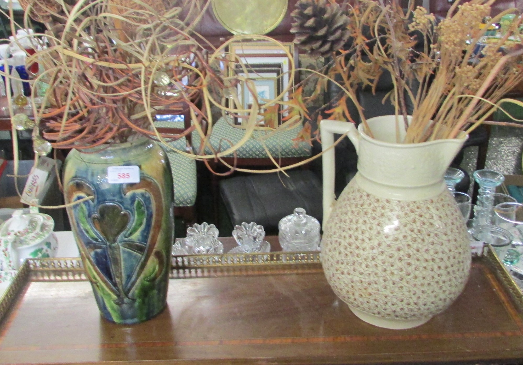 GREEN AND BLUE GLAZED VASE AND CHINA WASH JUG BOTH WITH DRIED PLANT DECORATION