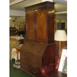 VICTORIAN MAHOGANY BUREAU BOOKCASE, ENCLOSED SHELVES AT TOP WITH TWO SHORT OVER THREE LONG DRAWERS