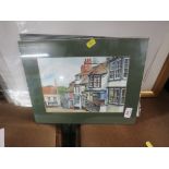 THREE UNFRAMED PAINTINGS ON FABRIC, FRAMED WATERCOLOUR OF LYMINGTON STREET SCENE, AND STILL LIFE