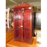 RED WOOD TWO-DOOR GLAZED WALL MOUNTING CABINET