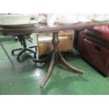 REPRODUCTION MAHOGANY VENEERED DROPLEAF TABLE ON SINGLE PEDESTAL WITH BRASS CASTORS