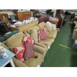 GREENSMITHS PALE GOLD UPHOLSTERED TWO-SEATER SOFA WITH MATCHING ARMCHAIR AND SCATTER CUSHIONS