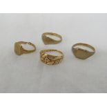 FOUR RINGS - A 9 CARAT GOLD SIGNET RING, 2.5G, SIZE O FOR GUIDANCE ONLY; A 9 CARAT GOLD RING WITH