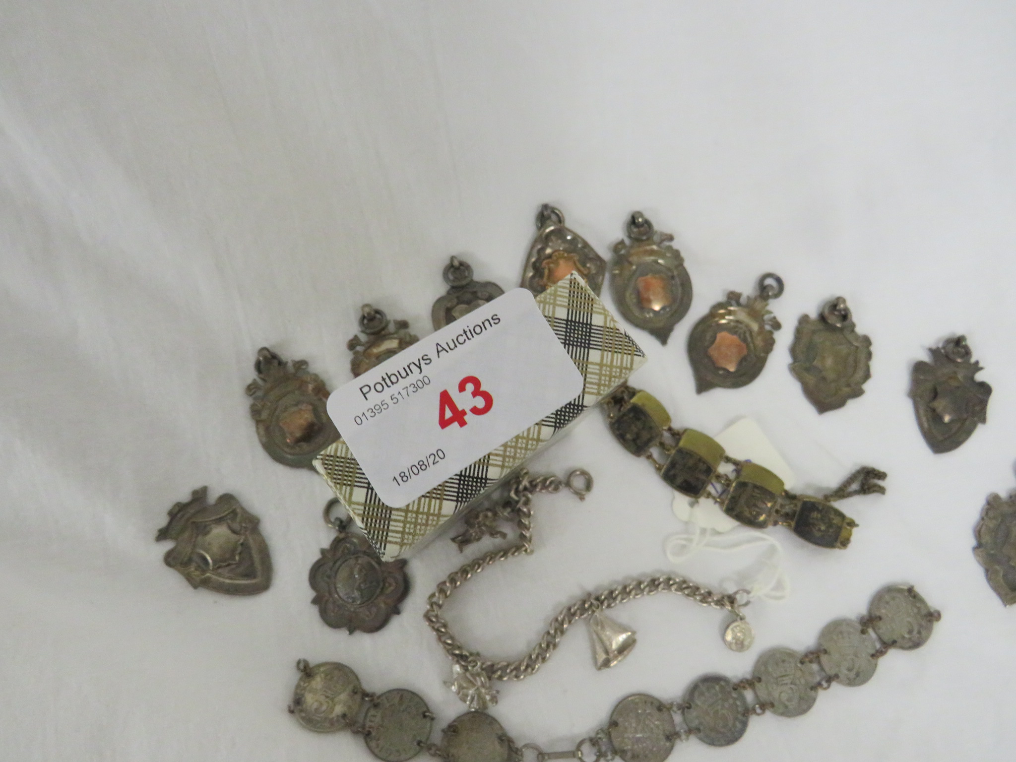 A SILVER FOOTBALL MEDALLION AND TEN OTHER SILVER MEDALLIONS, A CHARM BRACELET, SILVER THREEPENCE - Image 4 of 4