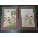 TWO JAPANESE STYLE WATERCOLOURS WITH PEN AND PENCIL, EACH SIGNED GASTON 77 AFTER HARANOBU, MOUNTED