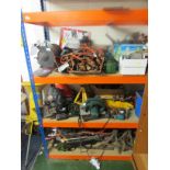 LARGE ASSORTMENT OF HAND TOOLS AND WORKSHOP ITEMS INCLUDING BENCH GRINDER, DRILL, TROLLEY JACK, AXLE