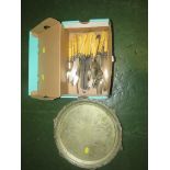 SILVER PLATED TRAY AND QUANTITY OF BONE HANDLED CUTLERY