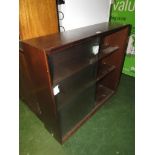 STAINED WOODEN BOOKCASE WITH SLIDING GLASS DOORS