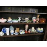 TWO SHELVES OF DECORATIVE CHINA INCLUDING GINGER JAR, DISPLAY PLATES AND VASES