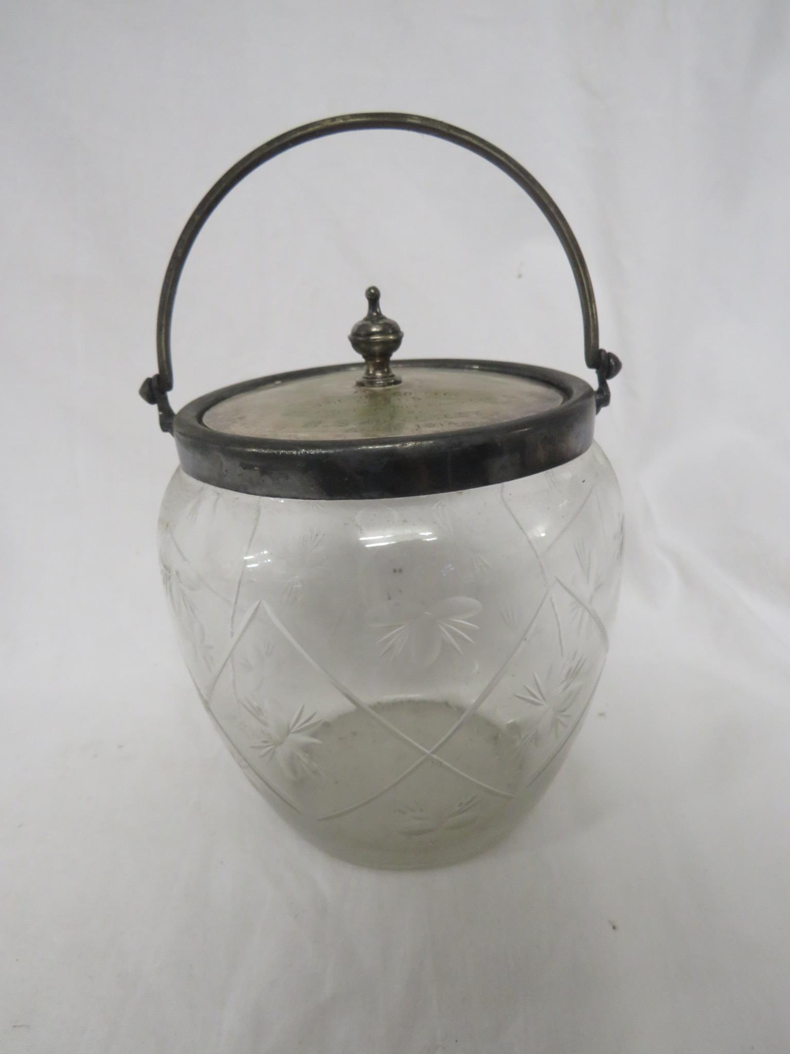 CUT GLASS BISCUIT BARREL WITH SILVER PLATED LID WITH 1914 BRIGHTON COLLEGE SPORTS ENGRAVING TO R S