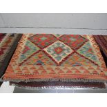 HAND KNOTTED VEGETABLE DYE WOOLEN GEOMETRIC PATTERNED MULTI COLOURED KILIM FLOOR RUG (117 X 78 CM)