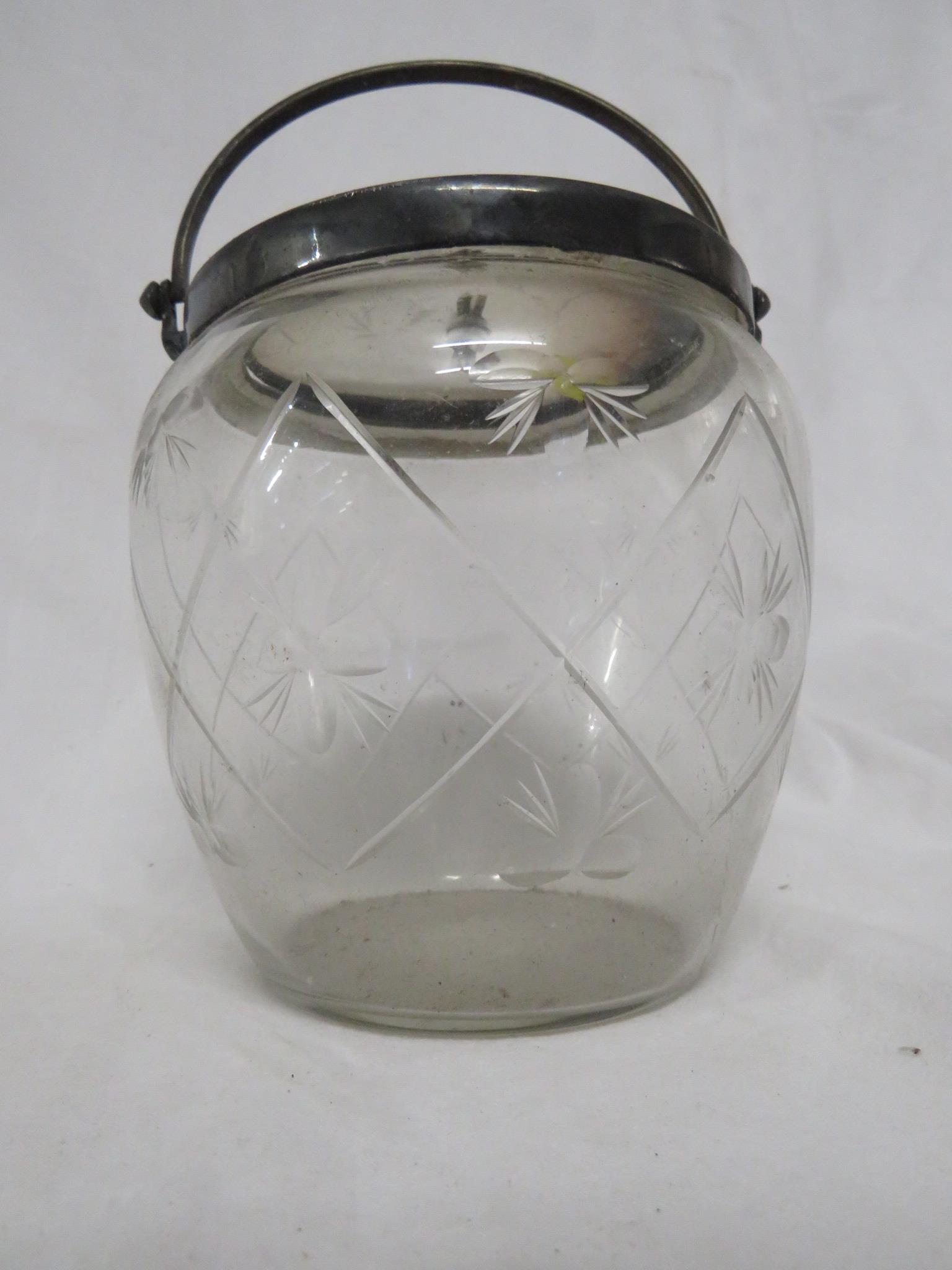 CUT GLASS BISCUIT BARREL WITH SILVER PLATED LID WITH 1914 BRIGHTON COLLEGE SPORTS ENGRAVING TO R S - Image 2 of 3