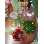 QUANTITY OF DECORATIVE COLOURED GLASSWARE INCLUDING VASES AND BOWLS