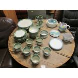 BUXTON MILL STONEWARE CUPS, PLATES AND BOWLS TOGETHER WITH HIGHLAND STONEWARE JUGS AND STAND