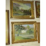 CANVAS OF RUINED ABBEY AND CANVAS OF COTTAGE, BOTH SIGNED COTTERILL AND IN GILT FRAMES