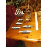 WOODEN MODEL OF FISHING BOAT, WOODEN MODEL OF CUTTY SARK AND FIVE BATTLESHIP MODELS