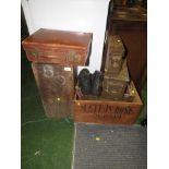 THREE VINTAGE AMMUNITION CONTAINERS, WOODEN WINE CRATE, WOODEN TOOLBOX, SMALL LEATHER TRAVELCASE AND