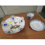 PORCELAIN BOWL DECORATED WITH HAND PAINTED BIRDS (A/F) TOGETHER WITH A DRESDEN CUP AND SAUCER,