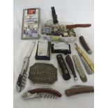SELECTION OF USED WRIST WATCHES, PENKNIVES, STRAIGHT RAZOR, POCKET LIGHTER AND BELT BUCKLE