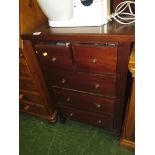MAHOGANY VENEERED SMALL FIVE-DRAWER CHEST WITH CONTENTS OF LIGHTBULBS