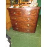 VICTORIAN MAHOGANY VENEERED BOW FRONTED CHEST WITH TWO SHORT AND THREE LONG DRAWERS WITH BRASS