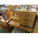 HONEY PINE BEDROOM SET COMPRISING A NARROW SIX-DRAWER CHEST, TWO-DRAWER DRESSING TABLE WITH STOOL,