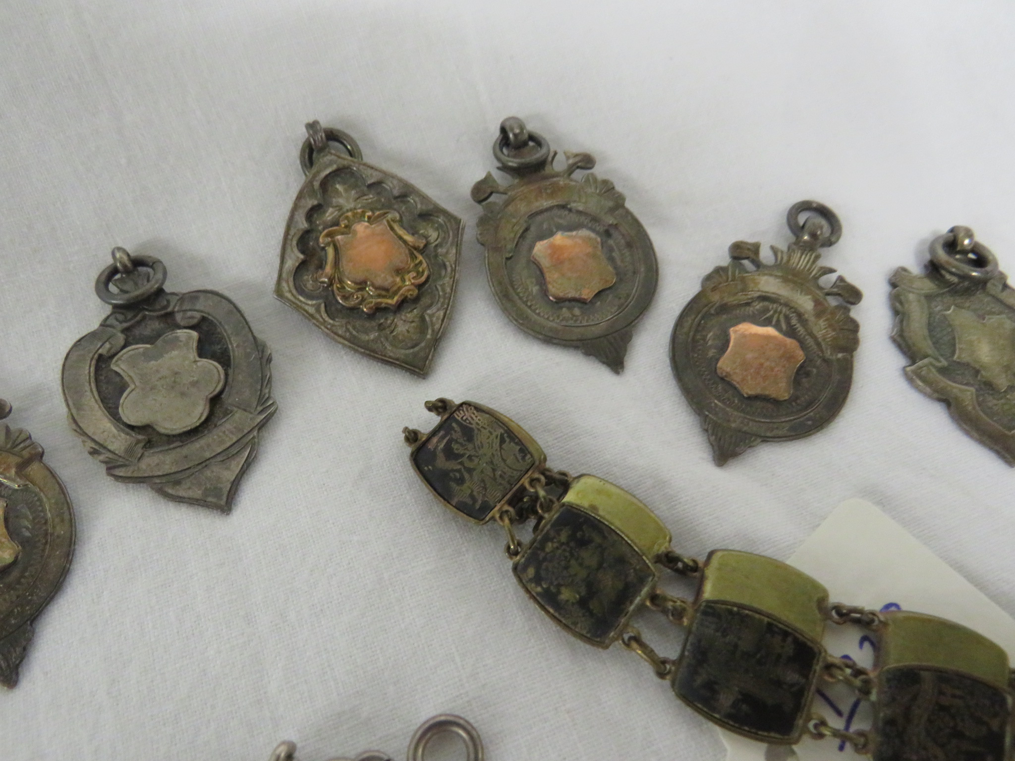 A SILVER FOOTBALL MEDALLION AND TEN OTHER SILVER MEDALLIONS, A CHARM BRACELET, SILVER THREEPENCE - Image 3 of 4