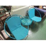 MODERN TURQUOISE PAINTED PATIO SET WITH TWO TUBULAR CHAIRS (SEAT CUSHIONS FOR ILLUSTRATION