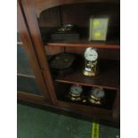 THREE QUARTZ CLOCKS, OAK MOUNTED BAROMETER AND ONE OTHER SHIPS STYLE MOUNTED BAROMETER AND WALL