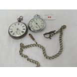 A CHESTER SILVER OPEN FACE POCKET WATCH WITH ROMAN NUMERALS AND SUBSIDIARY SECONDS DIAL, AND A