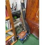SELECTION OF VINTAGE FISHING RODS, ASSORTED FISHING NETS, WATERPROOF CLOTHING, LEATHER SATCHEL AND