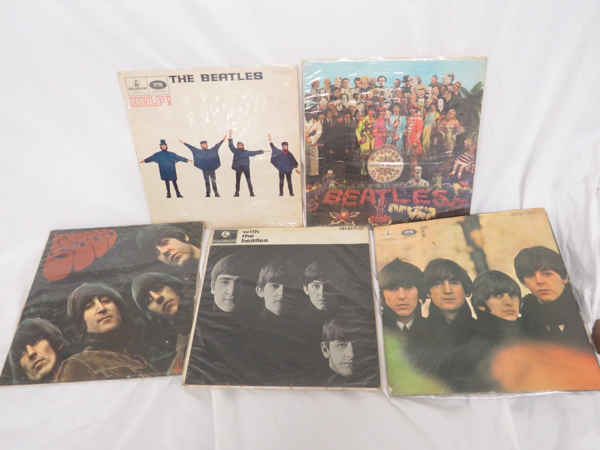 FIVE BEATLES VINYL LPS: HELP, SERGEANT PEPPERS LONELY HEART CLUB BAND, RUBBER SOUL, WITH THE BEATLES