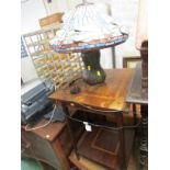 TABLE LAMP WITH A COLOURED LEADED GLASS SHADE AND CAST METAL BASE